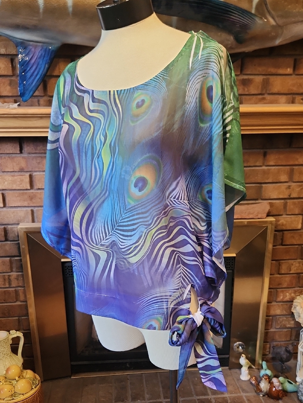 HeartSoul Peacock-Print Tie-Hem Blouse - Blue & Green Semi Sheer Flowy Vintage